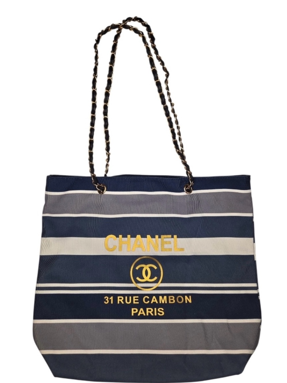 Luxury Tote Navy, White & Gray Striped Chain-Handle Tote NWT - Picture 11 of 12